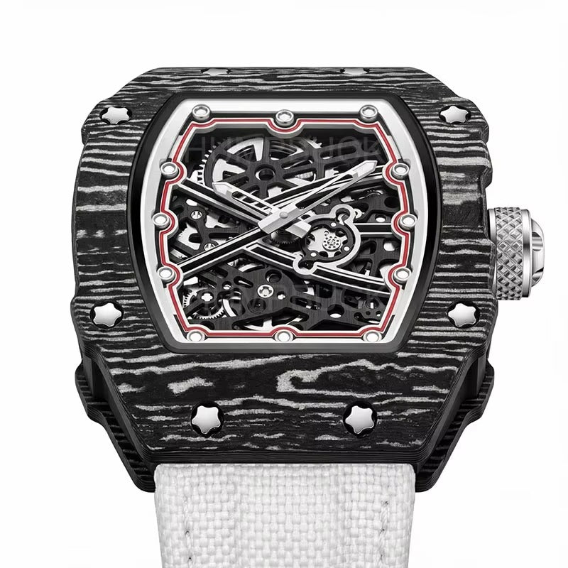 Carbon fiber case skeleton watch with racing-inspired design, bold sport-luxury style, white strap