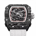 Carbon fiber case skeleton watch with racing-inspired design, bold sport-luxury style, white strap