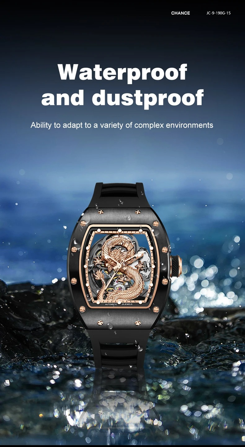 Luxury sport watch with gold dragon skeleton dial and black case, waterproof and dustproof design