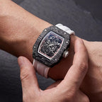 Luxury carbon fiber chronograph watch with bold motorsport design and skeleton dial