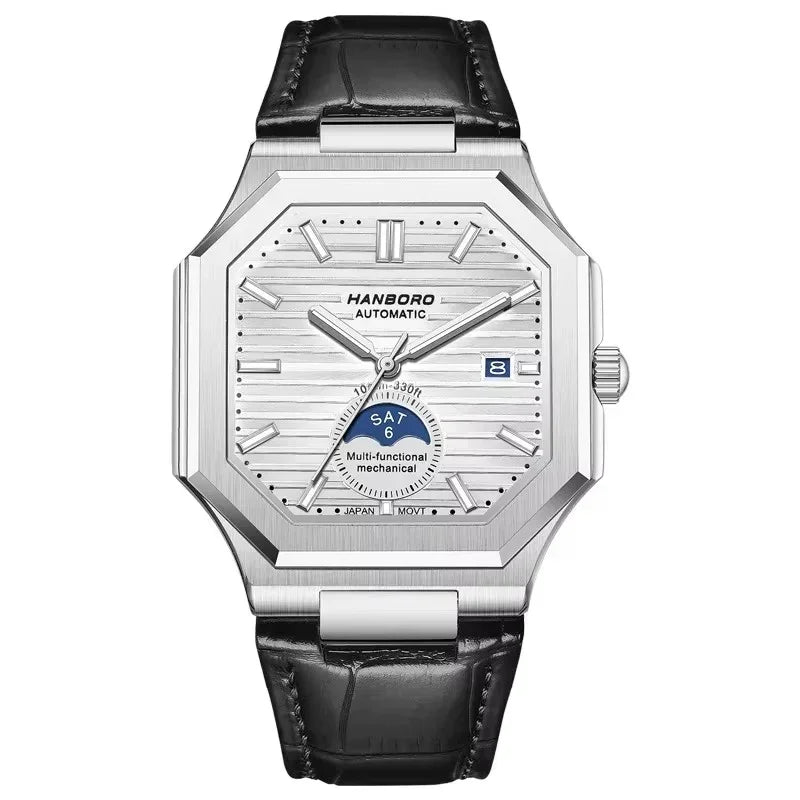 Luxury octagonal mechanical watch with silver dial, date window, and black leather strap