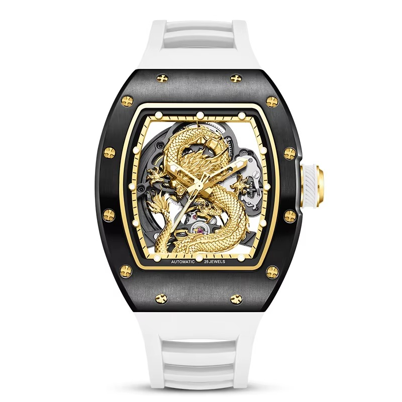 Luxury skeleton sport watch with gold dragon motif, tonneau case, and white rubber strap