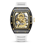 Luxury skeleton sport watch with gold dragon motif, tonneau case, and white rubber strap