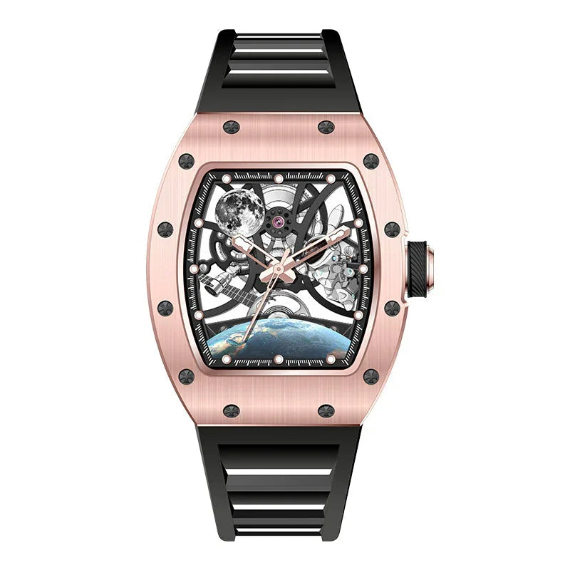 Luxury rose gold tonneau-shaped watch with skeleton dial, moonphase and planet accents, black strap