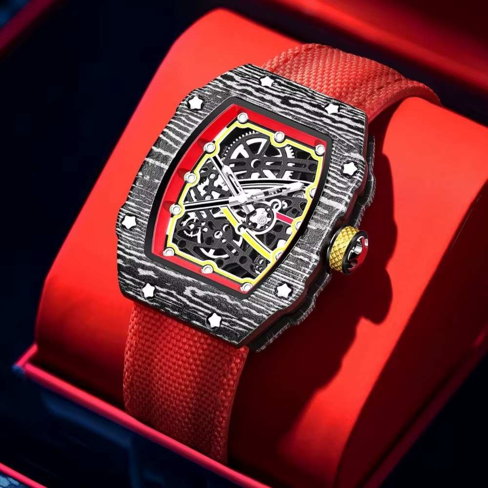 Luxury skeleton watch with carbon fiber case, red strap, and racing-inspired design for bold everyday wear