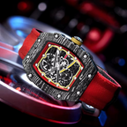 Carbon fiber chronograph watch with red strap, motorsport-inspired skeleton dial and bold sport-luxury design