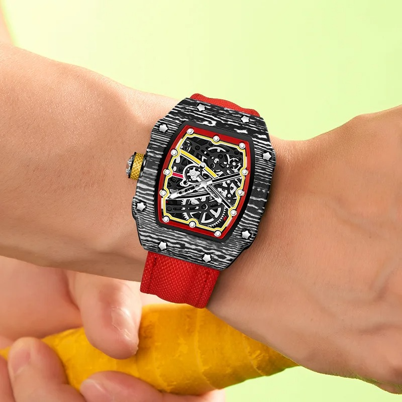 Carbon fiber skeleton watch with red strap, motorsport-inspired luxury timepiece for bold everyday wear