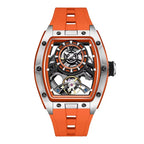 Motorsport-inspired luxury watch with skeleton dial, tonneau case, and orange rubber strap