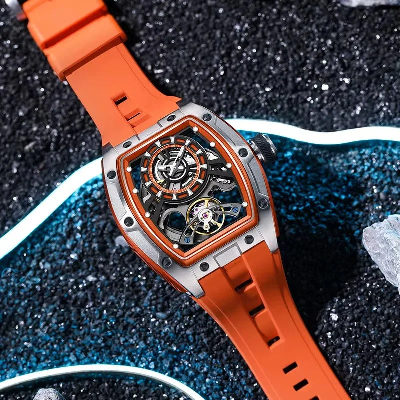 Luxury racing-inspired skeleton watch with orange strap, tonneau case, and sporty design