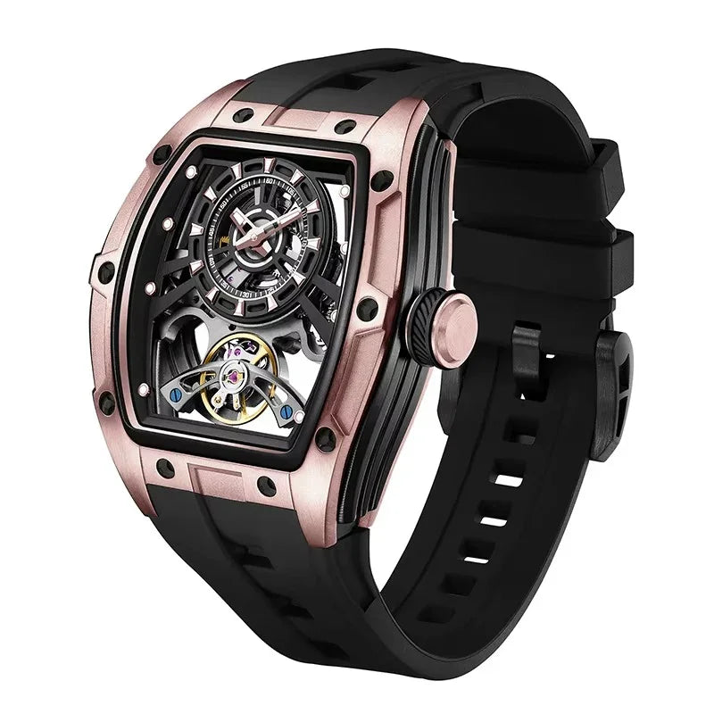 Luxury sport-inspired skeleton watch with rose gold case and black rubber strap