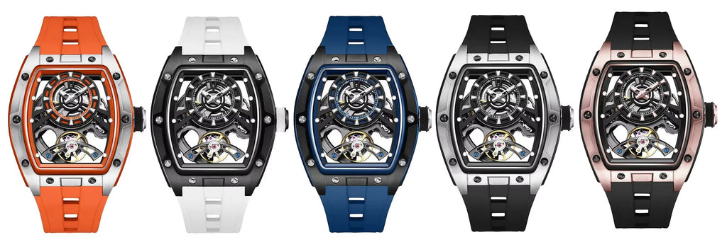Motorsport-inspired sport-luxury watches in various colors with skeleton dials and bold straps