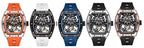 Motorsport-inspired sport-luxury watches in various colors with skeleton dials and bold straps