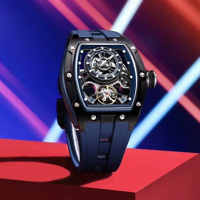 Luxury motorsport-inspired skeleton watch with blue strap and bold openwork dial