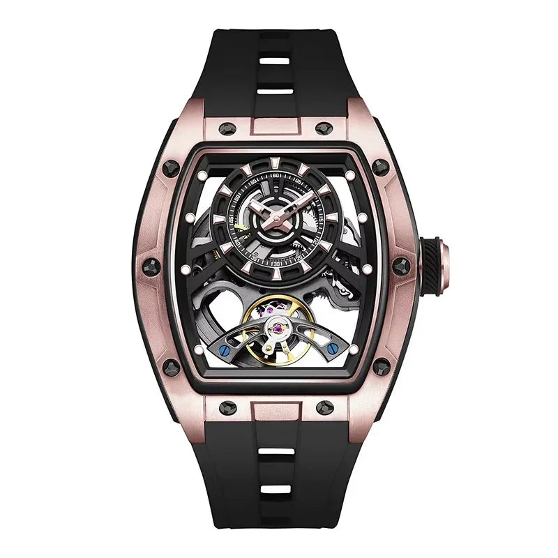 Luxury motorsport-inspired watch with rose gold case, skeleton dial, and black rubber strap