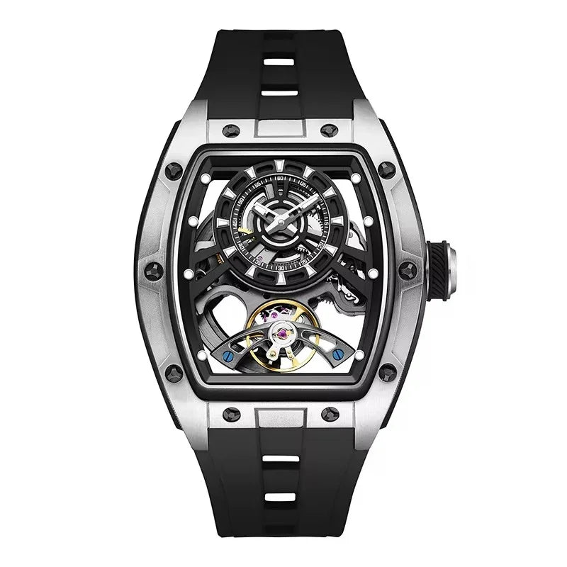 Luxury sport-inspired skeleton watch with tonneau case, openwork dial, and black rubber strap