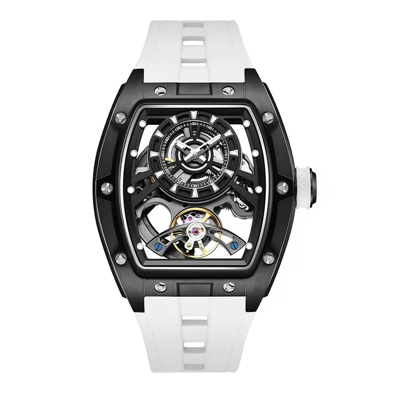 Racing-inspired luxury watch with black tonneau case, skeleton dial, and white rubber strap