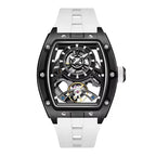 Racing-inspired luxury watch with black tonneau case, skeleton dial, and white rubber strap
