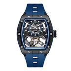 Blue rubber strap skeleton dial sports-luxury watch with tonneau carbon fiber case and exposed mechanics