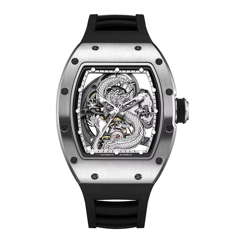 Luxury motorsport-inspired watch with skeleton dial and silver dragon design, sporty black strap