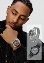 Luxury skeleton watch with bold square case, automatic movement, and sport-luxury design for everyday wear.