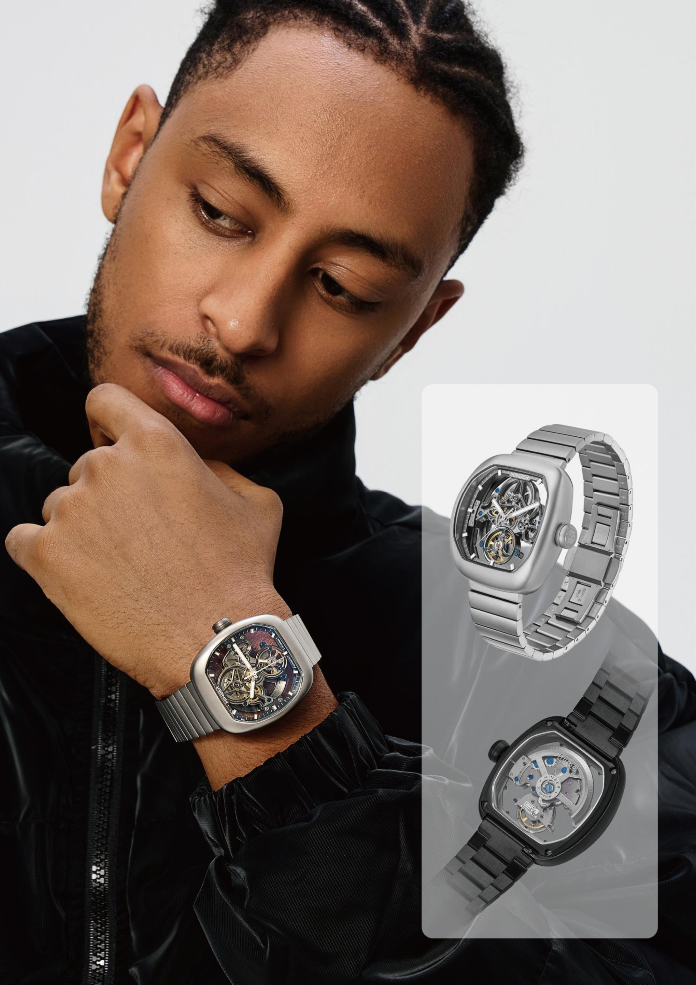Luxury skeleton watch with bold square case, automatic movement, and sport-luxury design for everyday wear.