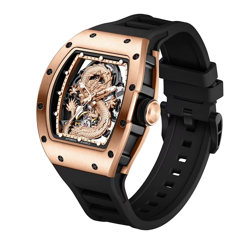 Luxury skeleton watch with gold dragon motif, tonneau case, black strap, motorsport-inspired design