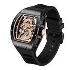 Luxury tonneau watch with black case, skeleton dial, and gold dragon motif, motorsport-inspired