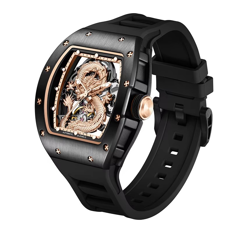 Luxury tonneau watch with black case, skeleton dial, and gold dragon motif, motorsport-inspired
