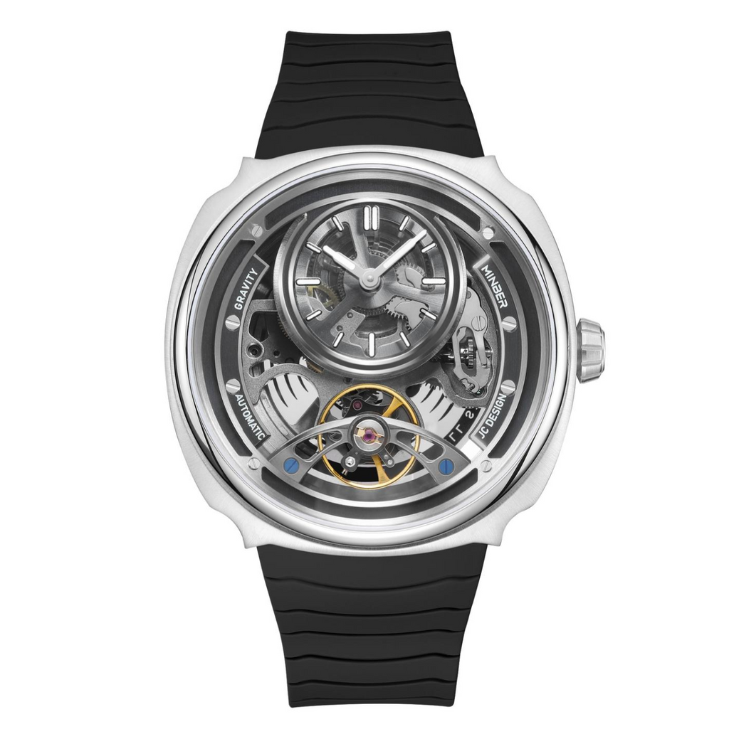 Luxury skeleton watch with visible tourbillon, automatic movement, and black rubber strap — motorsport-inspired design