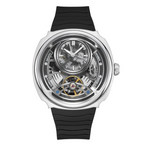 Luxury skeleton watch with visible tourbillon, automatic movement, and black rubber strap — motorsport-inspired design