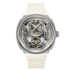 Luxury skeleton watch with automatic movement, white rubber strap, and bold sport-luxury design inspired by high-end timepieces.