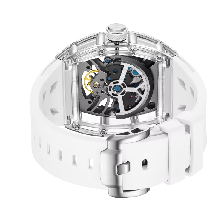 Luxury sport watch with skeleton dial, visible gears and white strap, motorsport-inspired design
