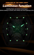 Motorsport-inspired skeleton watch with luminous markers and hands, sporty luxury design.