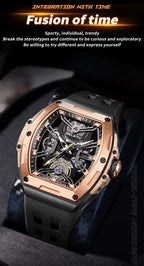 Luxury racing-inspired mechanical watch with rose gold case, open skeleton dial, and black rubber strap.