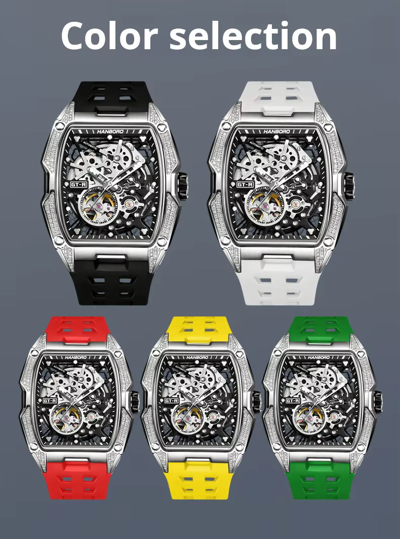 Motorsport-inspired skeleton watches with black, white, red, yellow, and green straps.