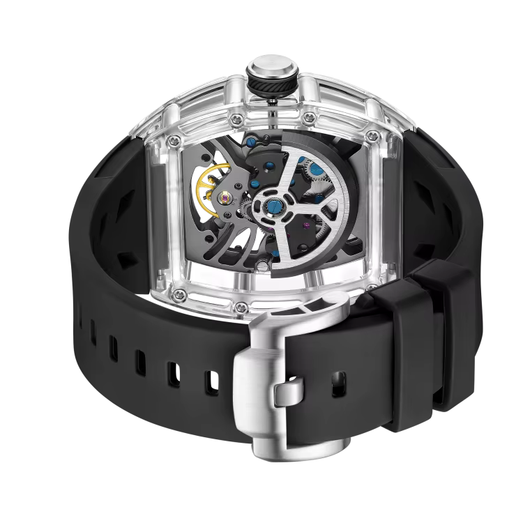 Luxury racing-inspired skeleton watch with clear case, visible gears, and black rubber strap