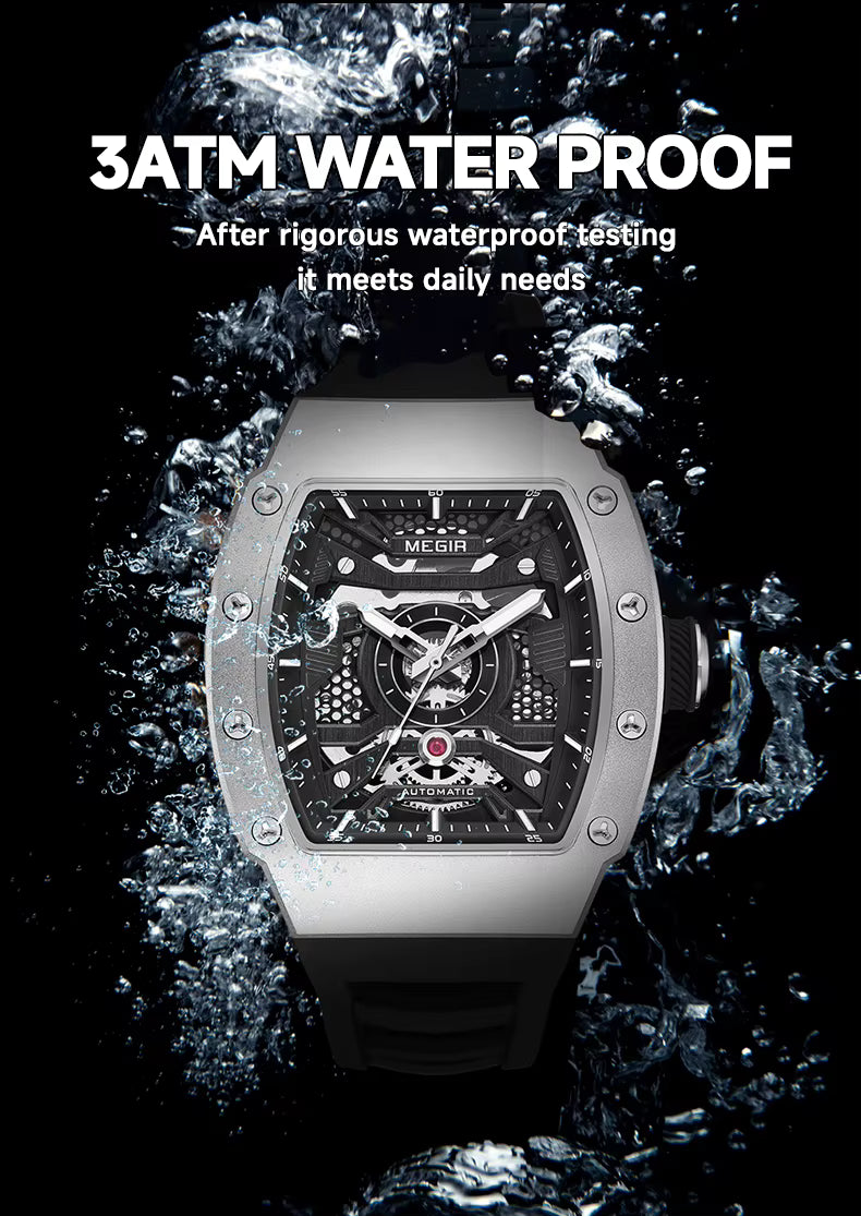 Motorsport-inspired luxury watch with skeleton dial and tonneau case, splash-resistant, bold style
