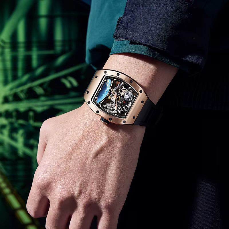 Luxury motorsport-inspired skeleton watch with gold case and bold wrist presence