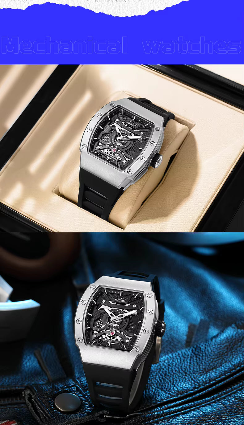 Racing-inspired luxury mechanical watch with tonneau case, skeleton dial, and black rubber strap