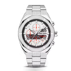 Racing-inspired silver chronograph watch with bold red accents and stainless steel bracelet