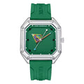 Green sport-luxury watch with square bezel and billiards-themed dial, motorsport-inspired design