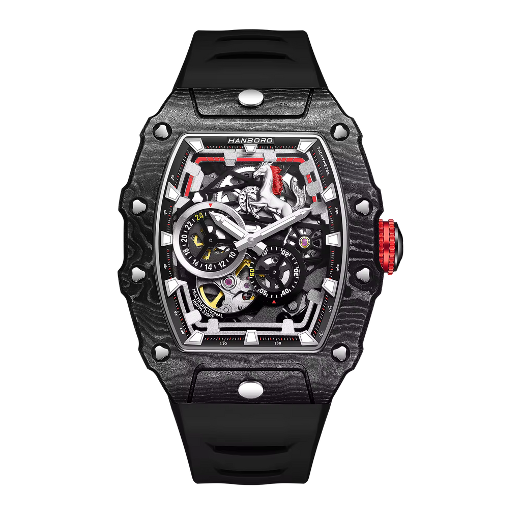 Luxury motorsport-inspired black chronograph watch with skeleton dial and bold red crown