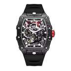 Luxury motorsport-inspired black chronograph watch with skeleton dial and bold red crown