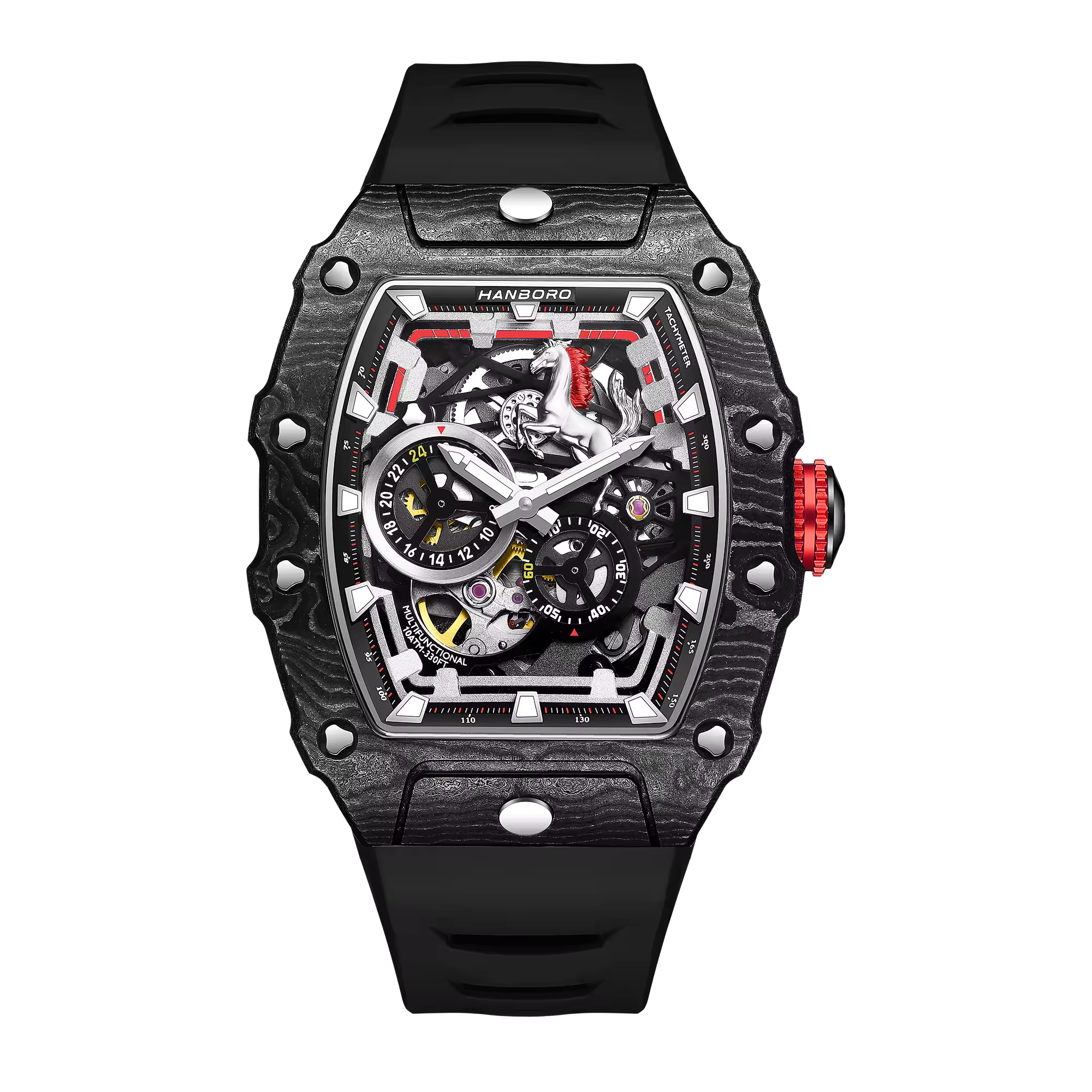 Luxury motorsport-inspired black chronograph watch with skeleton dial and bold red crown