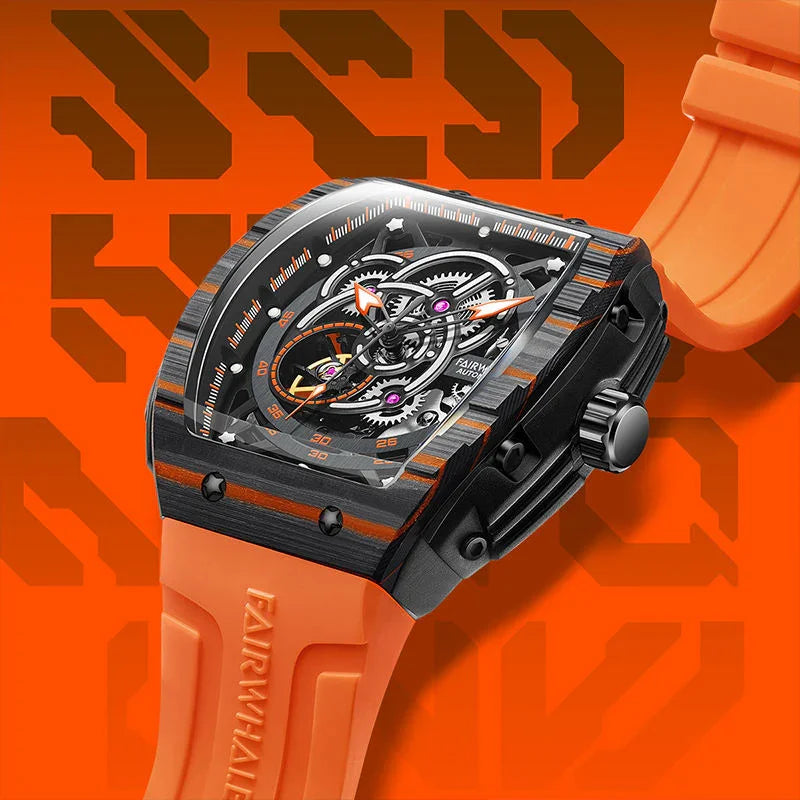 Motorsport-inspired skeleton watch with carbon fiber case and orange rubber strap