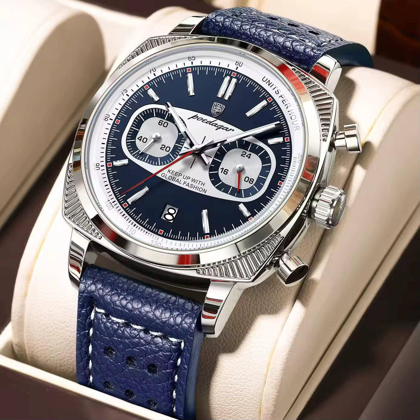 Luxury chronograph watch with blue dial, leather strap, and sporty design for bold everyday style