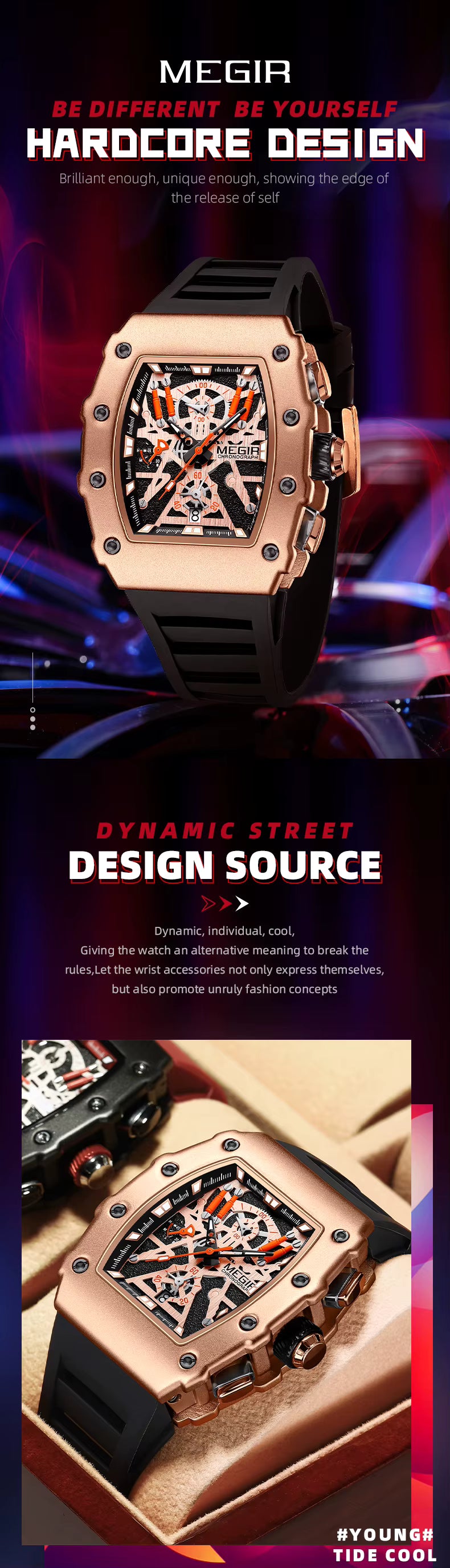 Luxury motorsport-inspired watch with rose gold case, skeleton dial, and black rubber strap