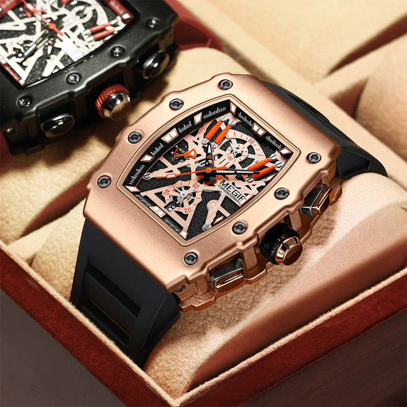 Motorsport-inspired luxury watch with rose gold case, skeleton dial, bold design in display box