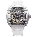 Skeleton automatic sport watch with exposed gears, tonneau case, and white rubber strap