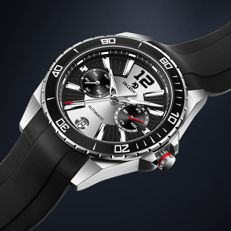 Motorsport-inspired sport-luxury watch with chronograph dial, black bezel, rubber strap